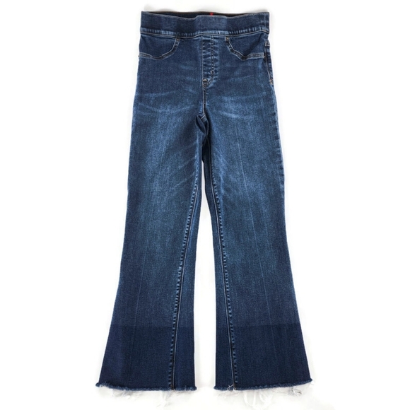 SPANX Denim - Spanx Medium Blue Wash High-Rise Dip-Dye Raw Hem Cropped Flare Denim Jeans